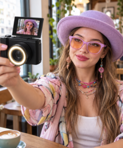 Vlogging with the flip-screen camera in a cafe