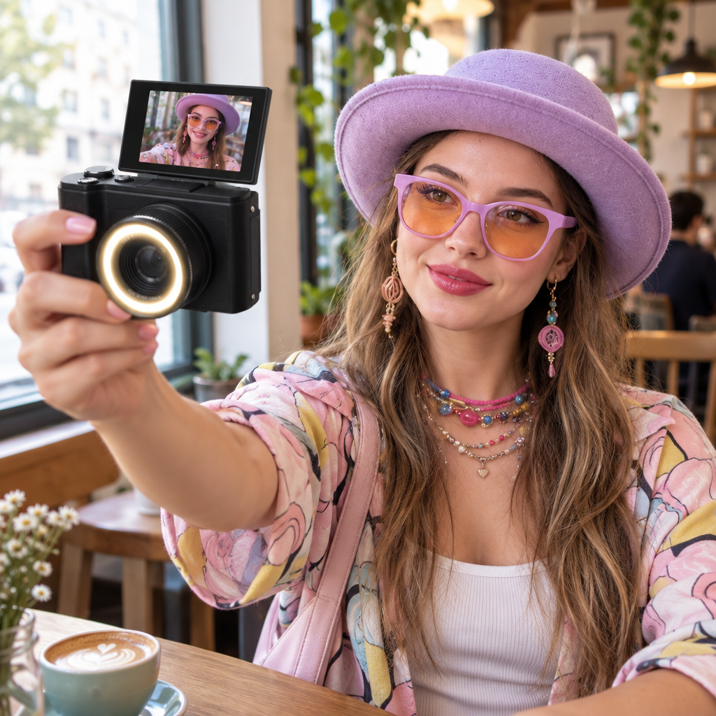 Vlogging with the flip-screen camera in a cafe