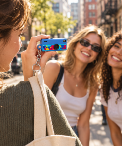 Keychain camera in use on a city street