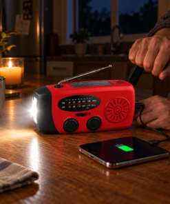 Emergency radio lighting a room and charging a phone during a blackout