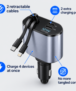 4-in-1 Retractable Car Charger with 2 Built-In Cables