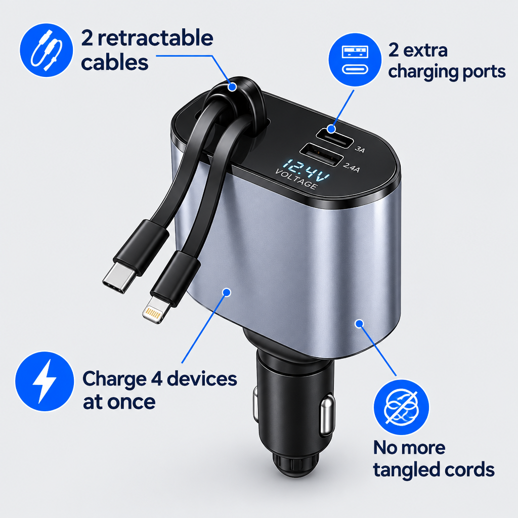 4-in-1 Retractable Car Charger with 2 Built-In Cables