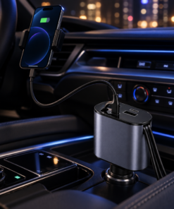 4-in-1 Retractable Car Charger with 2 Built-In Cables