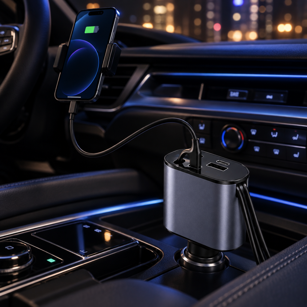 4-in-1 Retractable Car Charger with 2 Built-In Cables