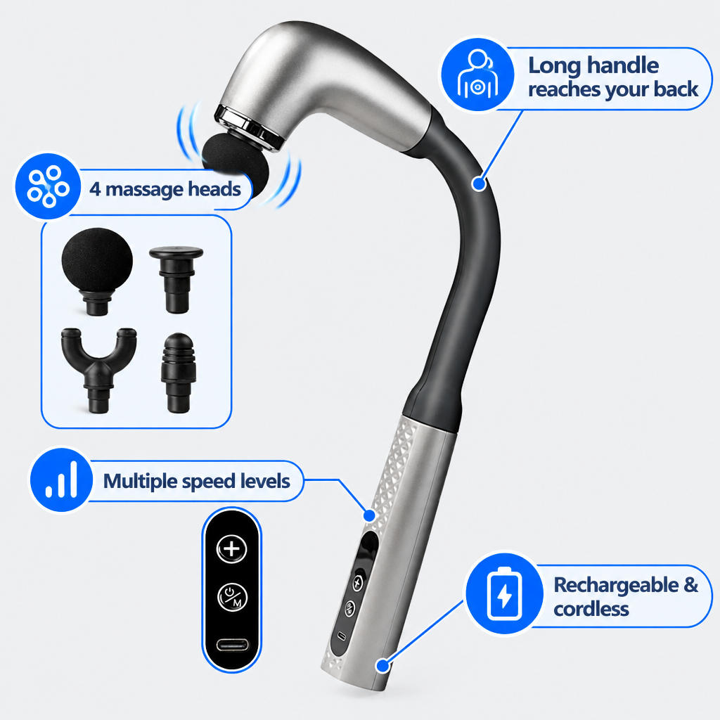 Long-Handle Cordless Massage Gun with 4 Heads